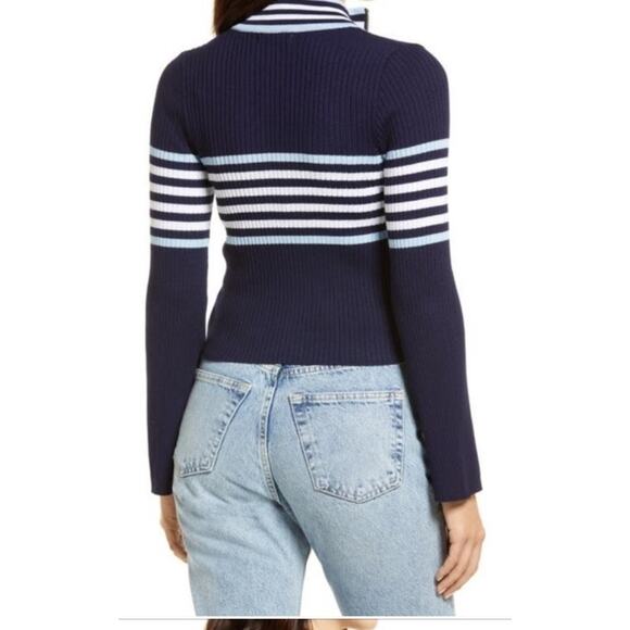 Cali‎ Be Full Zip Cardigan Sweater Women Medium Navy Blue Stripe Preppy Academia - Picture 3 of 13